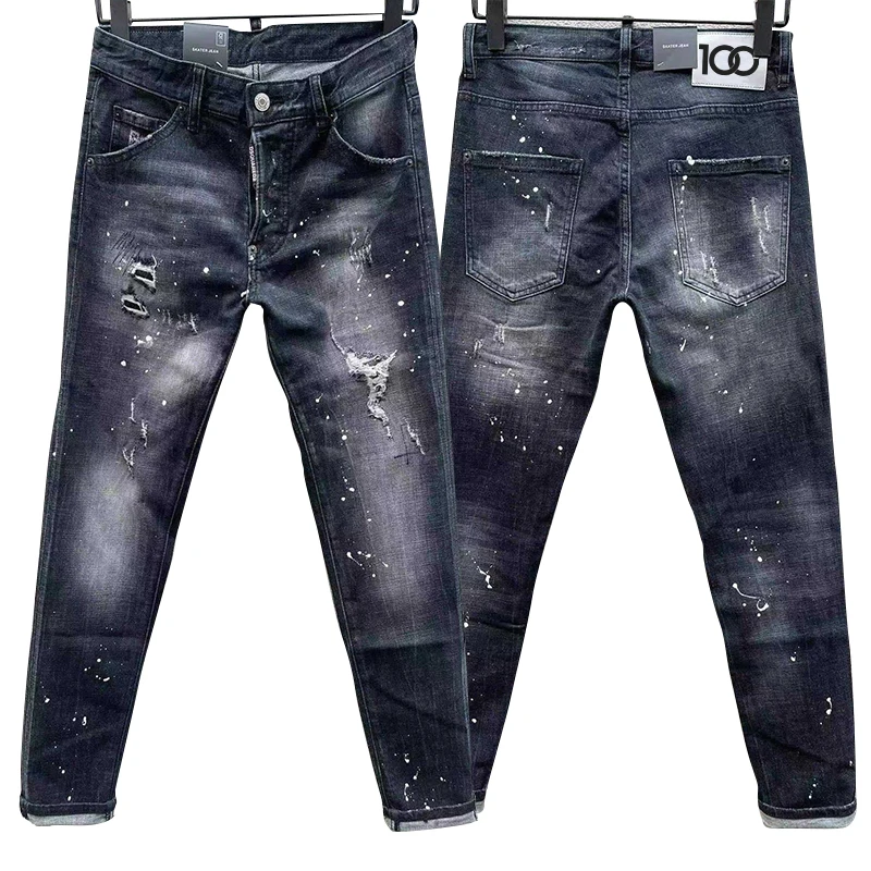 100 Chareiharper c068 Men's jeans  ripped patch black trend stretch slim legs personalized men's pants c070 c072 c075