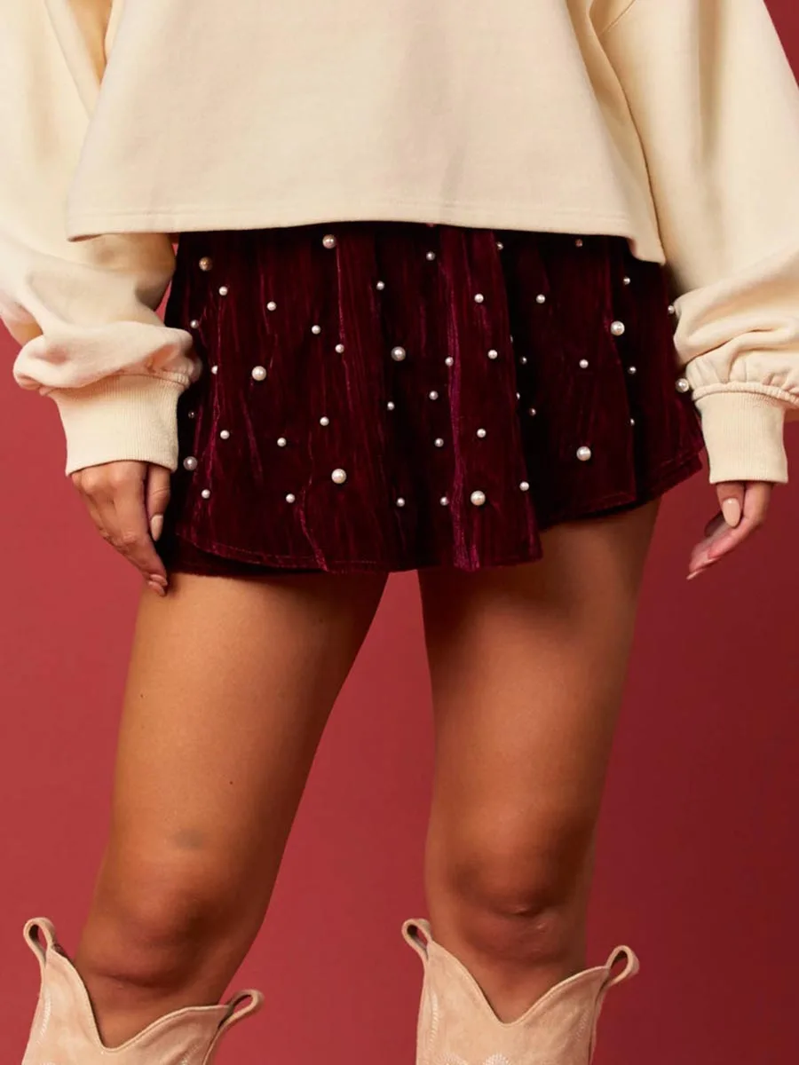 Women s Velvet Skorts with Sparkling Rhinestone Embellishments and Elastic High Waistband for Holiday Festivities and Parties