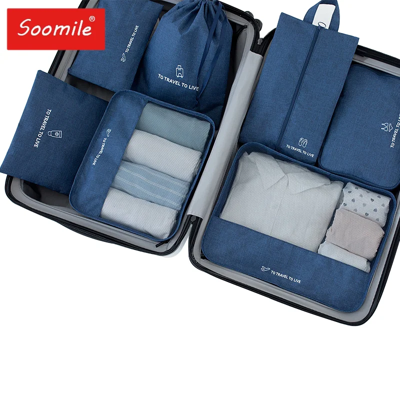 Packing Cube 7Pcs Set Blue Travel Suitcase Storage Bag For Women Clothes Shoe Underwear Organizer Bra Finishing Luggage Pouch