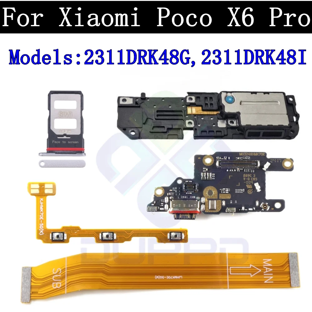 Charging Port Board SIM Card Tray For Xiaomi Mi Poco X6 Pro LoudSpeaker Earpiece Power Volume Motherboard Main Flex Cable