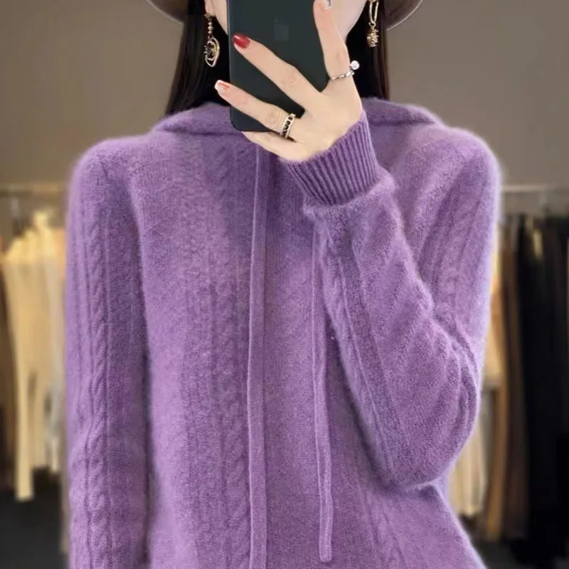 Autumn And Winter Women's New Knitted Hooded Sweater Casual Wool Temperament Long Sleeve Bottoming Shirt