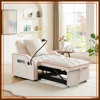 3 in 1 Single Sleeper Sofa Chair with Pullout Bed Velvet Convertible Couch USB Port Phone Holder for Living Room Beige 1