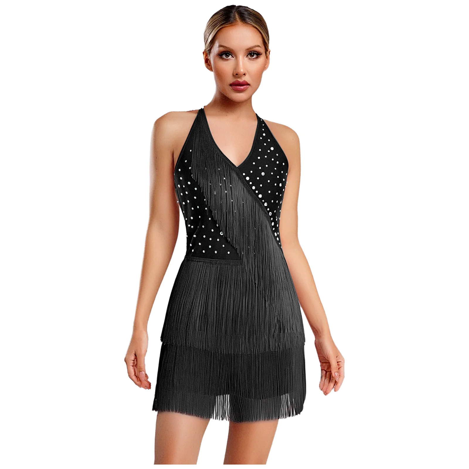 Strass salão de baile jazz tango salsa traje feminino sem mangas tiras layere franja lantejoulas macacão tango rumba vestidos