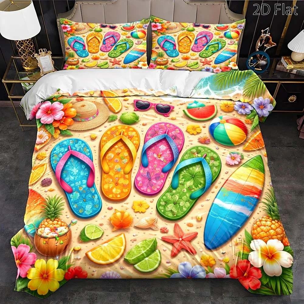 3Pc Tropical Beach Style Duvet Cover Set, Three-Piece Bed Set (1*Duvet Cover + 2*Pillowcases), Suitable for All Seasons, Machine Washable, with Invisible Zipper, Surfboard, Flip-Flops, Pineapple, and Floral Patterns, Large Double Bed Cover, Suitable for Home, Dormitory, Master Bedroom, Guest Room, Fresh Summer Vacation Style Bedding Set