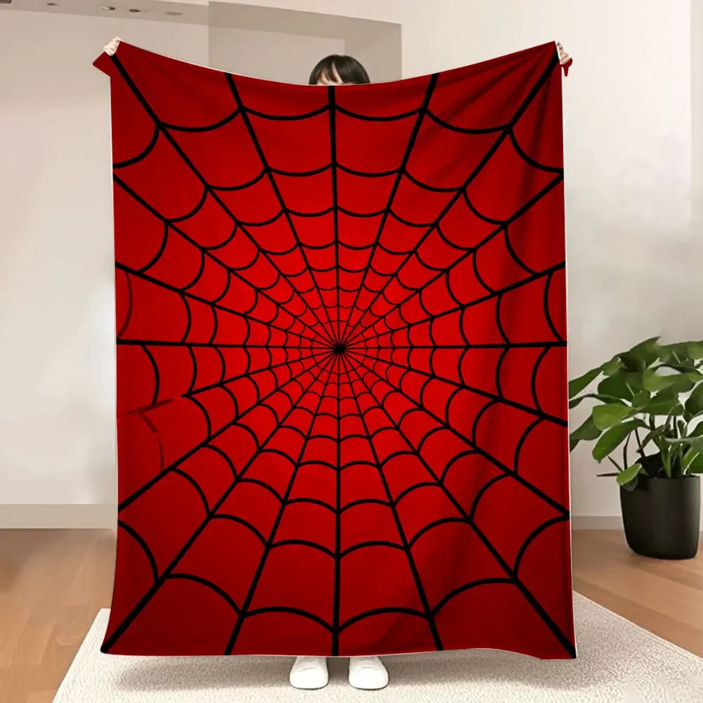 Red Spider Web Pattern Blanket - Symmetrical Stylized Design with Black Arched Lines on Solid Red Background, Perfect for Coz