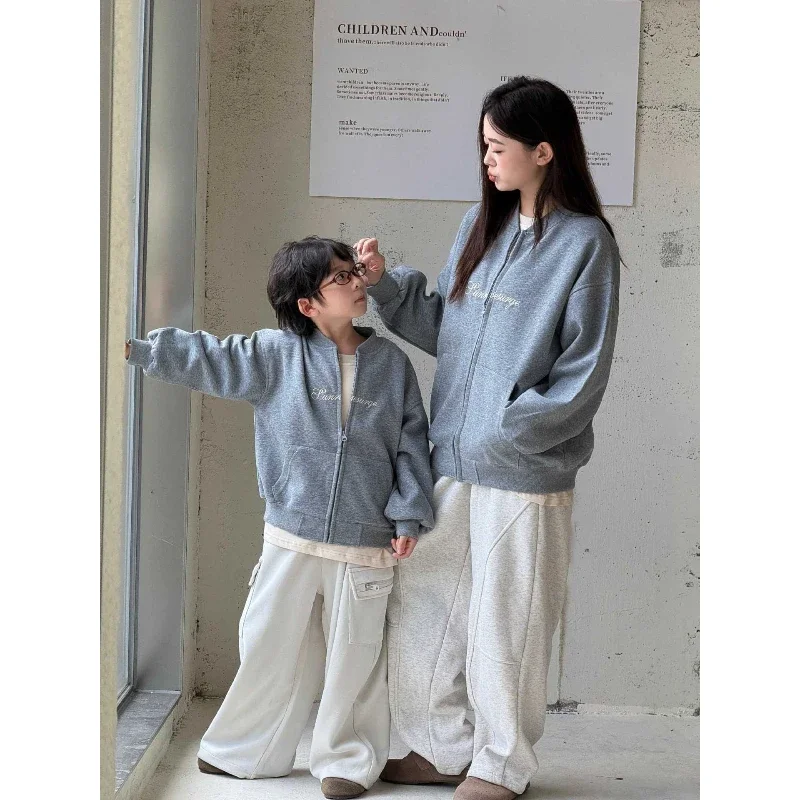 2026 Autumn Family Matching Outfits Mom Dad Son Daughter Solid Cotton Baseball Jacket Father Mother Parent-child Zip Up Coat 4
