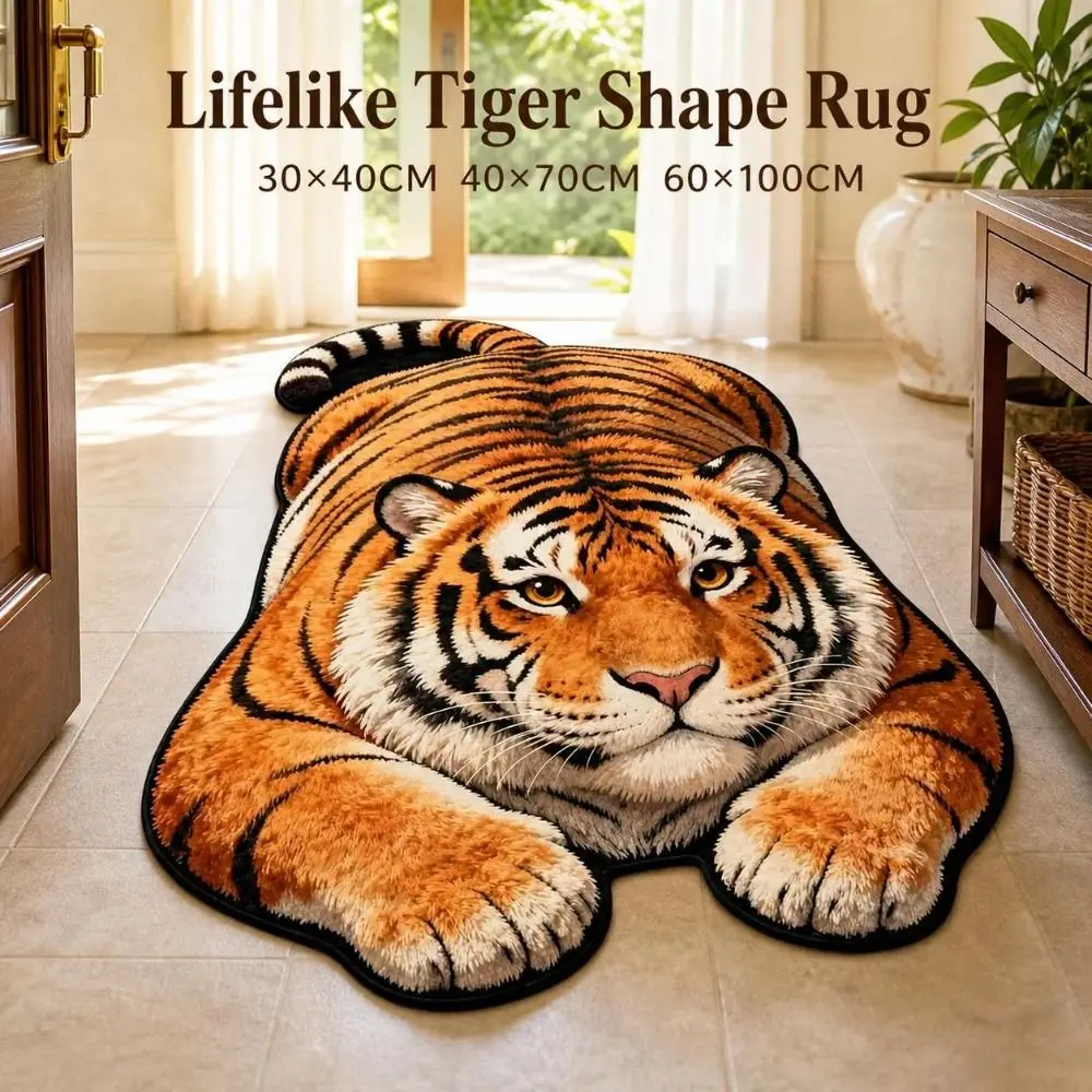 Tiger Shape Optical Illusion Doormat Lifelike Non-slip Bedside Rug Crystal Velvet Water-absorbing Bedroom Floor Mat Home Decor