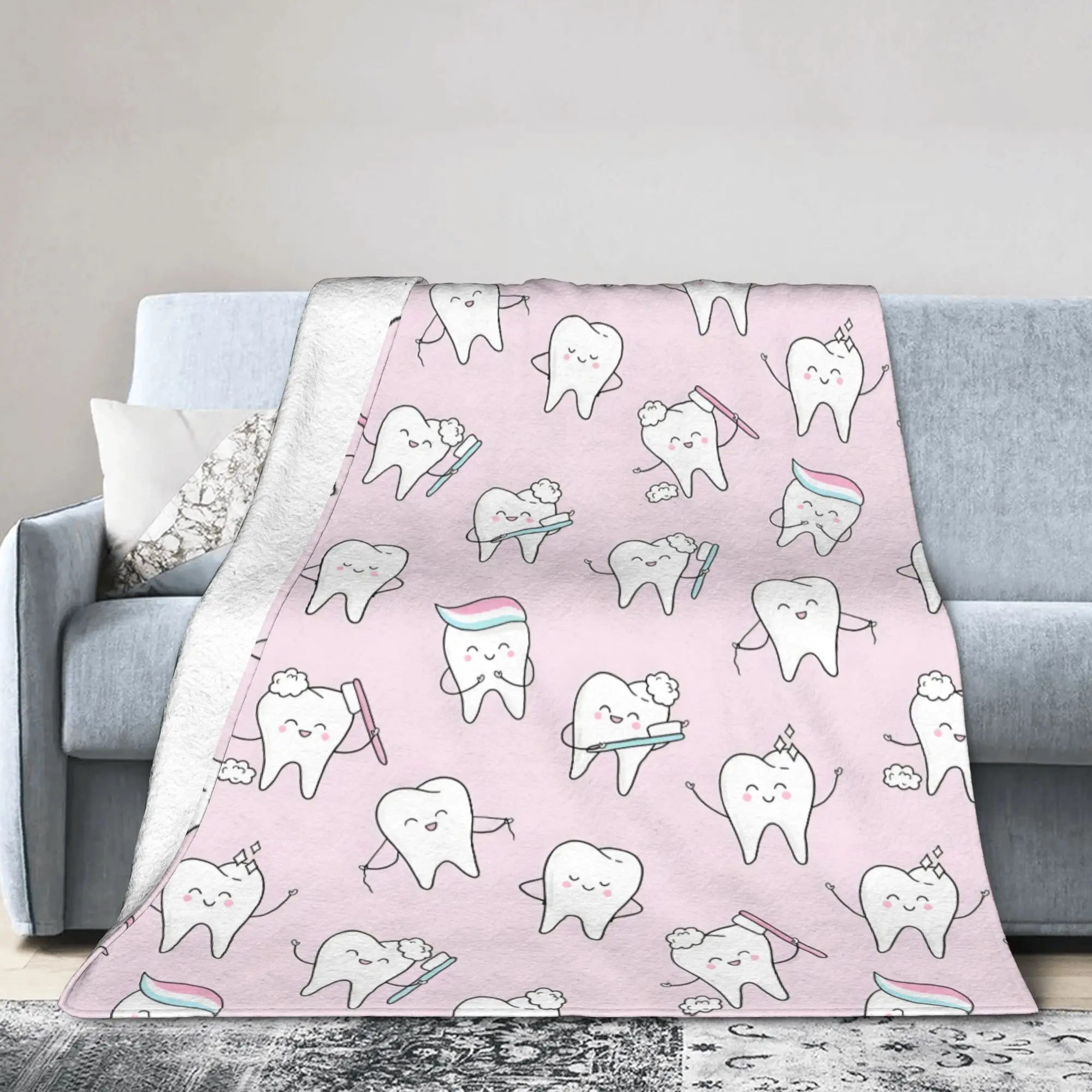 Custom Healthy Teeth Pattern Tooth Blanket Warm Fleece Soft Flannel Care Dental Health Throw Blankets for Bedding Sofa Travel