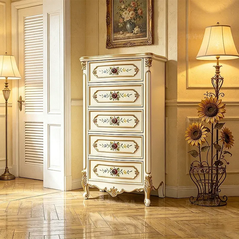 Retro Painted Chest of Drawers Floral Pattern Storage Cabinet for Bedroom Living Room Art Style Furniture
