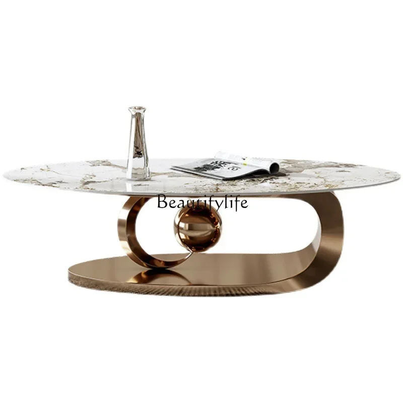 

LD33New Chinese simple stainless steel special-shaped coffee table light luxury oval rock slab furniture