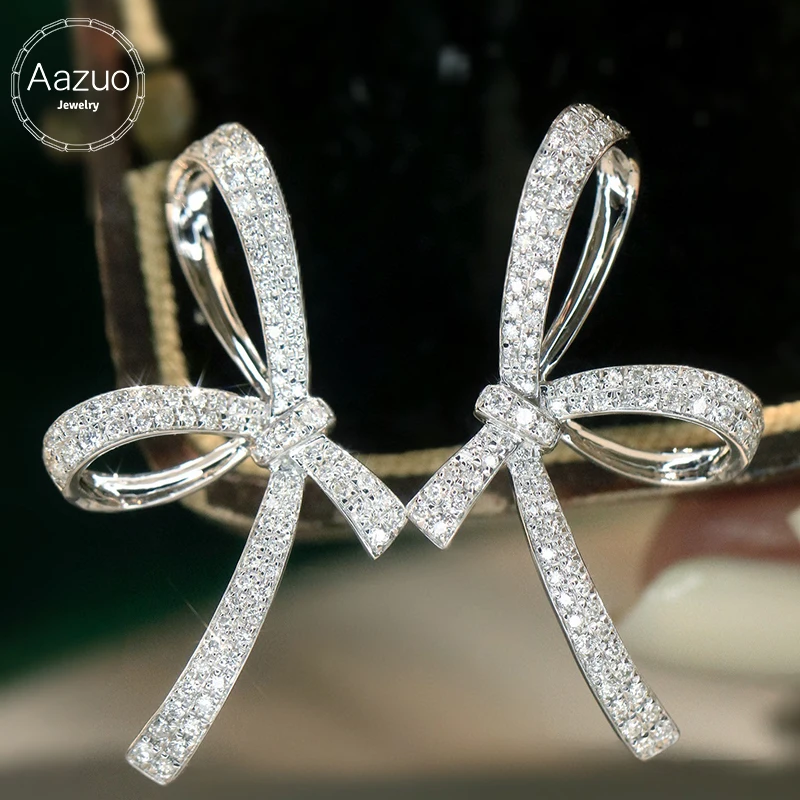 

Aazuo 18K White Gold Real Diamonds Luxury Jewerly Bowknot Stud Earrings Gifted For Women Engagement Halo anillos mujer Party