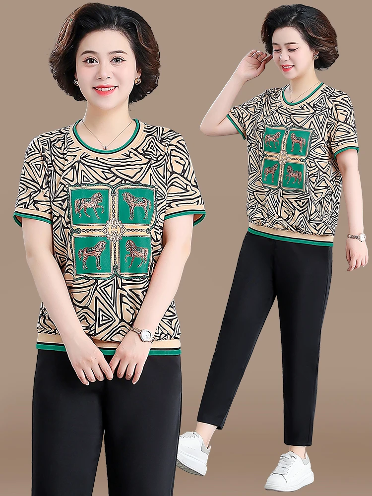 

Модный спортивный костюм: футболка с коротким рукавом и брюки свободного кроя для женщин среднего возраста, летний повседневный комплект из двух предметов