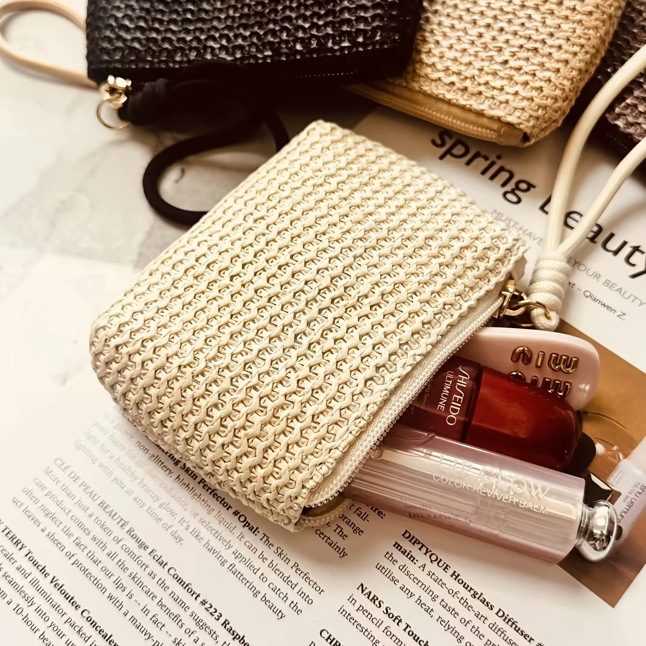 1Pc Japanese Raffia Straw Coin Purse Mini Zipper Wrist Pouch Lipstick Earphone Storage for Women Beach Vacation Birthday Gift