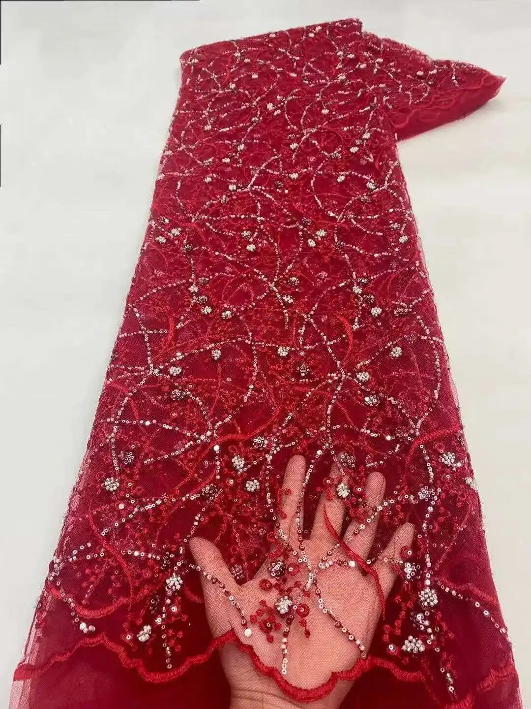 

5Yards African Bridal Lace Fabric with Sequins Beaded Embroidery High Quality French Tulle for Wedding Groom Nigerian Style