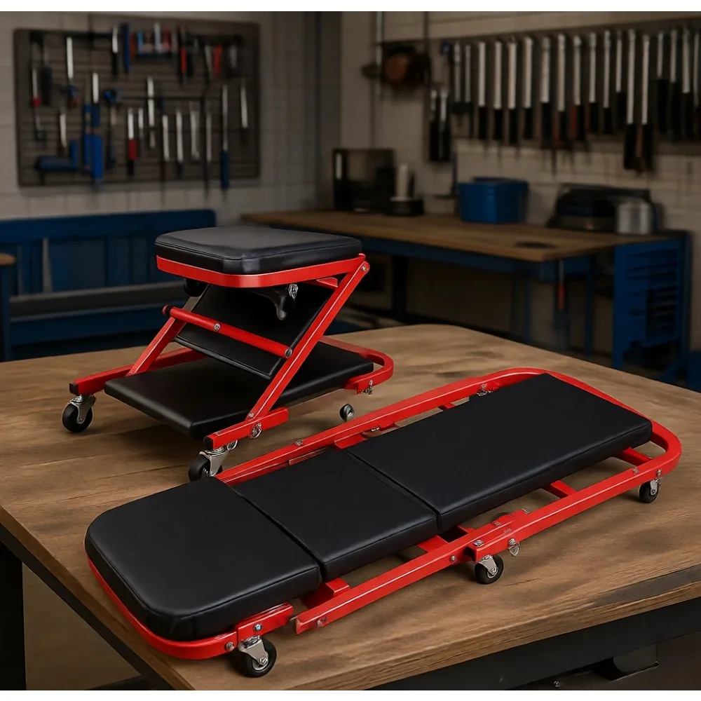 

40 Inch 2 in 1 Rolling Folding Car Creeper Seat 6 Casters 150kg Red