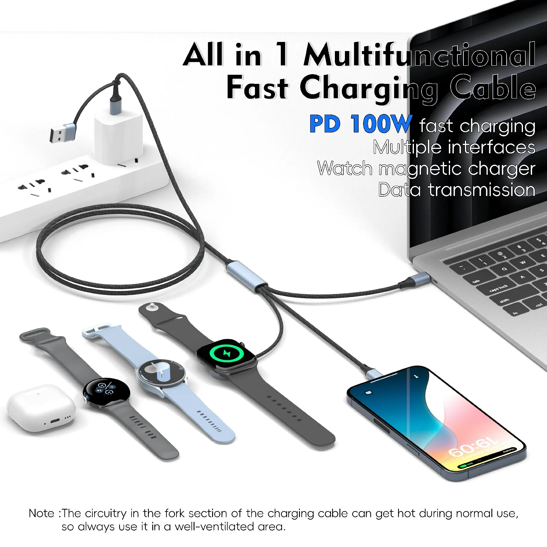 

PD100W Metal Shell Braided Charging Cable iWatch Wireless Charger For Computer/Phone/Watch/Earbuds USB-C Output Cable