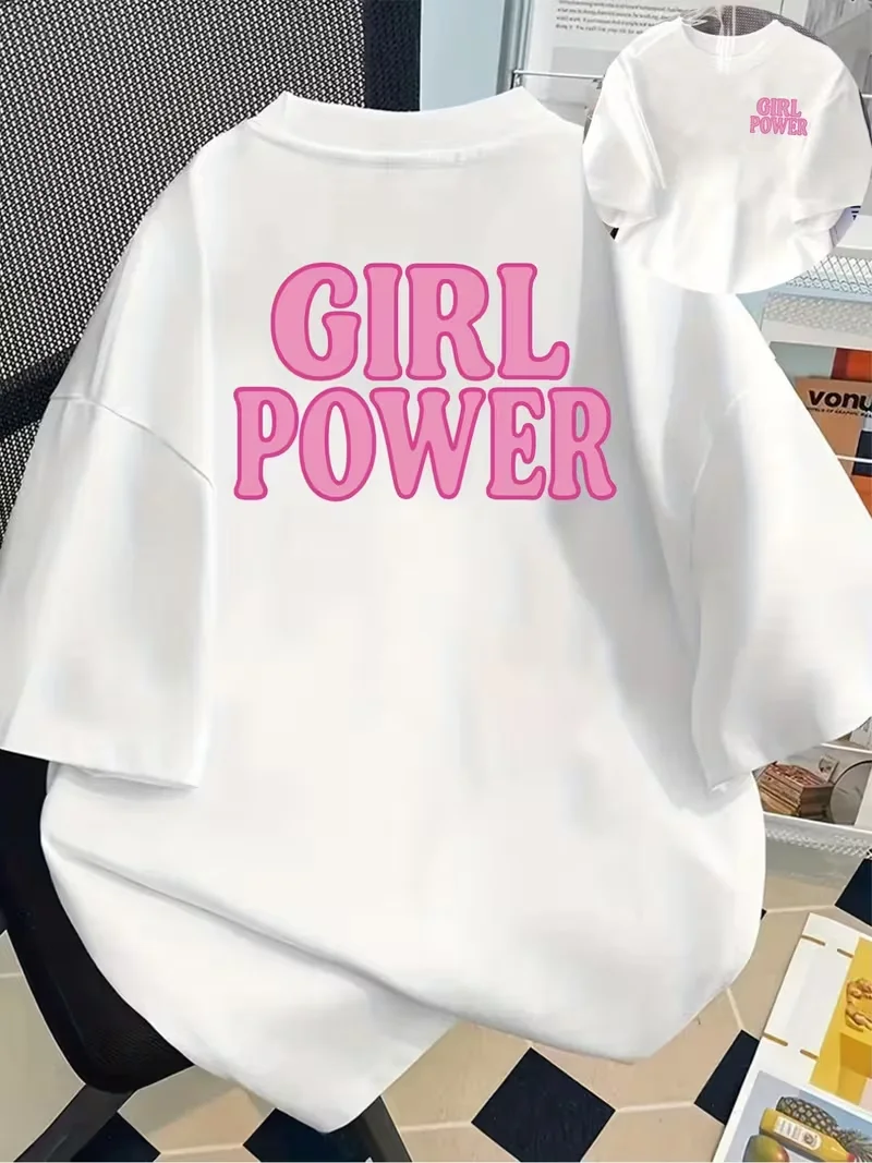 Girl Power Women's Strength Graphic T-Shirt, Casual Loose Crew Neck Short Sleeve, Pink Letter Print Spring Summer Daily Top