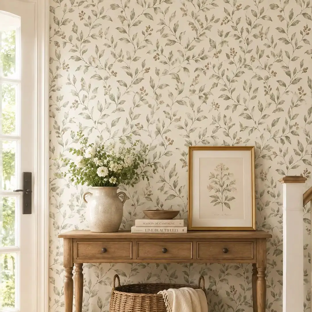 Vintage Botanical Peel and Stick Wallpaper, Green Leaf Self Adhesive Wall Mural Removable Contact Paper for Cabinet Closet Decor
