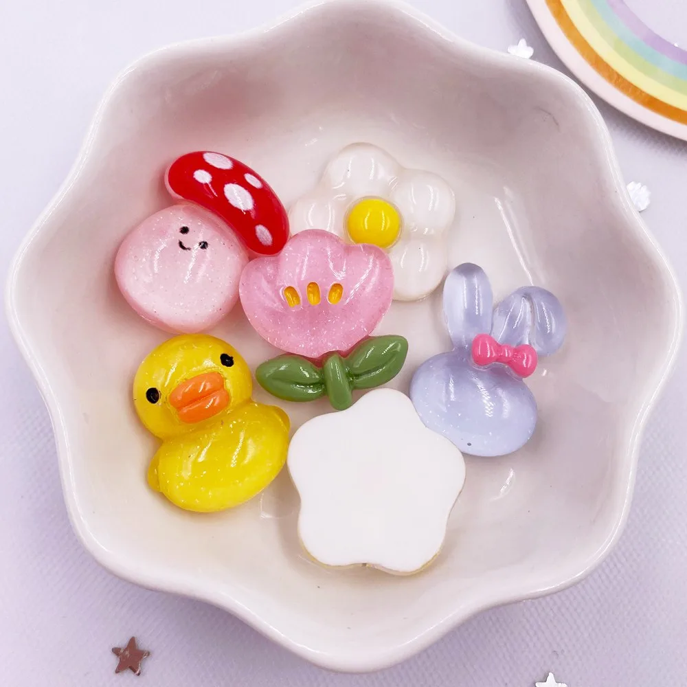 Colorful Resin Glitter Kawaii Rabbit  Duck mushroom Flower Flatback Cartoon Animals Figurine Scrapbook 10pcs DIY Accessory Decor view 3