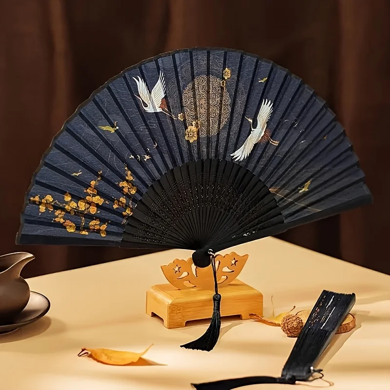 1PC Vintage Japanese Folding Fan Handmade Bamboo Silk Crane Design for Wedding Home Decor Dance Party Gift Retro Aesthetic