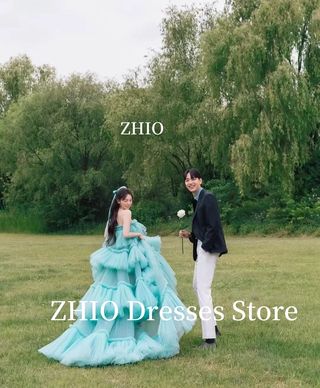 ZHIO Blue Ball Gown Floor Length Strapless Multi-layered Wedding Dress Bridal Gowns Korea Photo Shoot Customized Princess