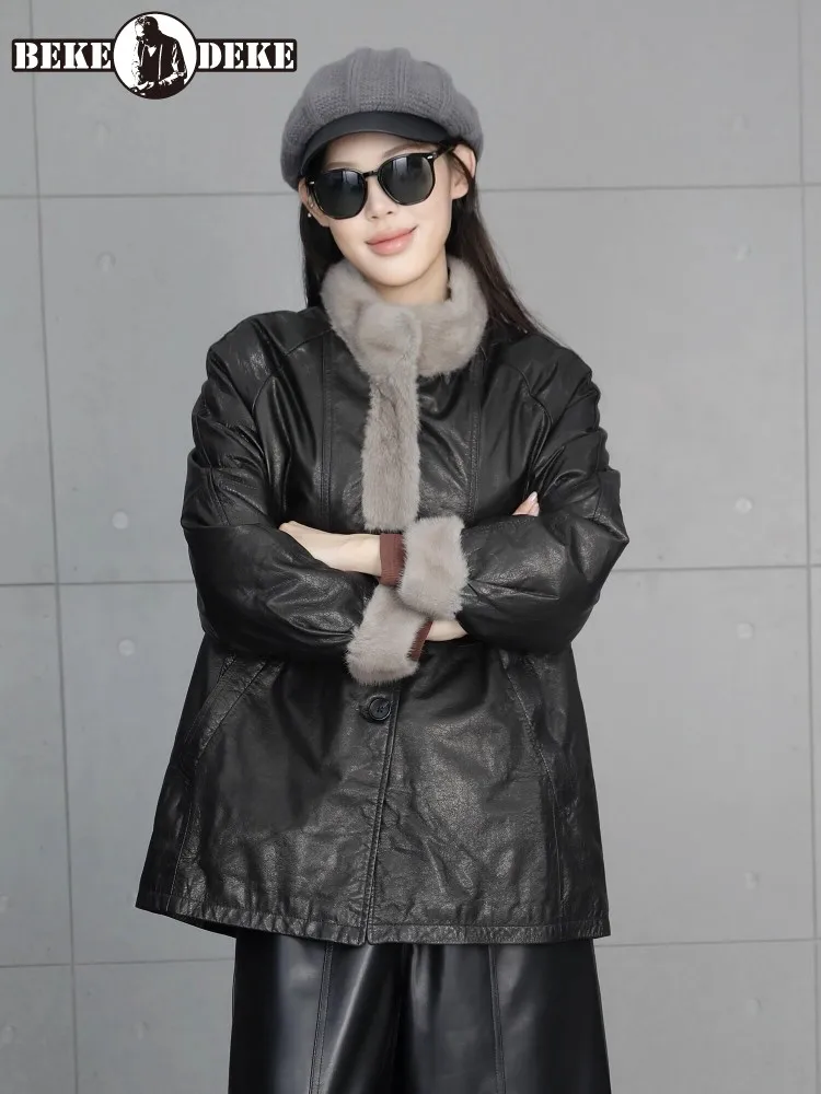 High-quality Womens Winter Warm Cowhide Goose Down Jacket Ladies Black Genuine Leather Down Coat Casual Mink Fur Collar Jackets