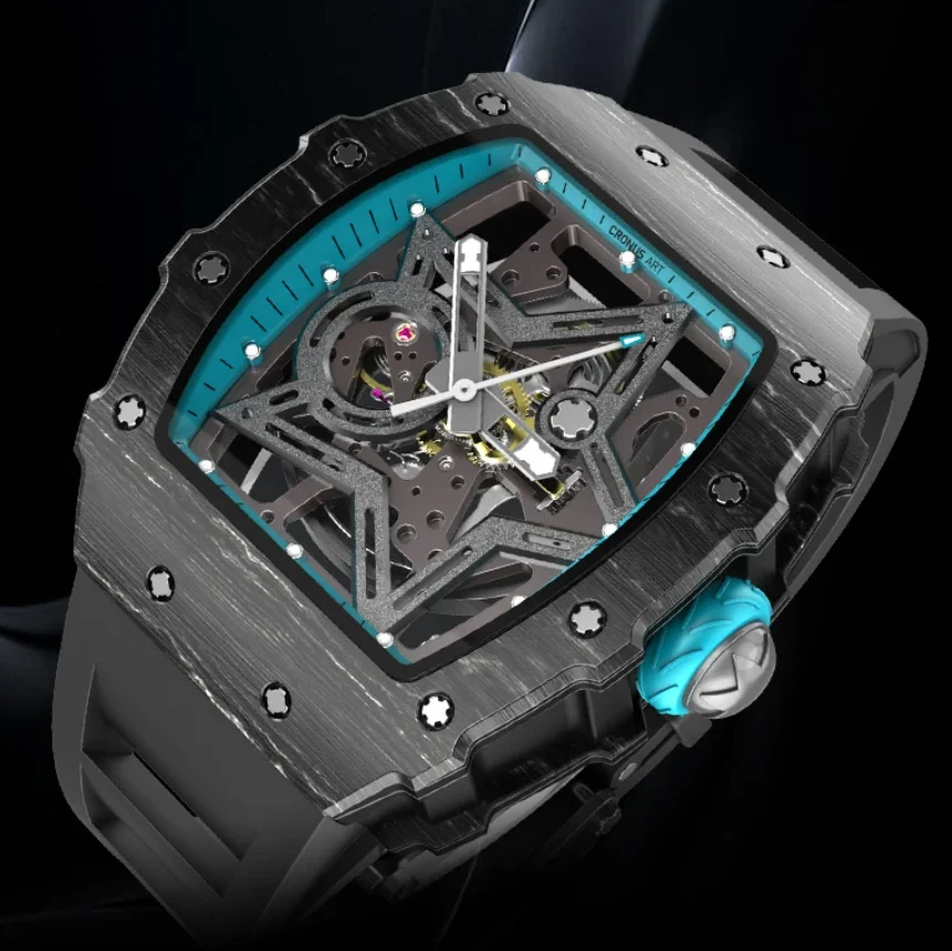 

CRONUSART Мужские автоматические часы 50 мм * 44 мм Механические наручные часы Tonneau Корпус из углеродного волокна Скелет Звездный циферблат Фторкаучуковый ремешок