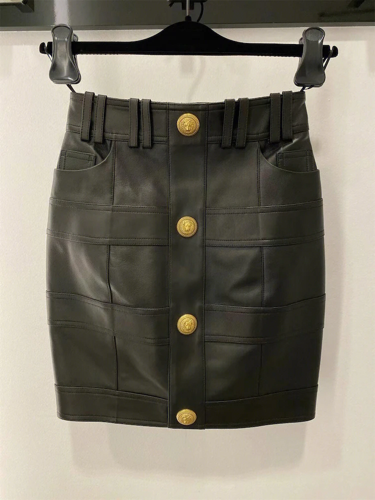 HIGH QUALITY Newest Fashion 2024 Designer Skirt Women's Faux Leather Patchwork Lion Buttons Trimmer Mini Skirt