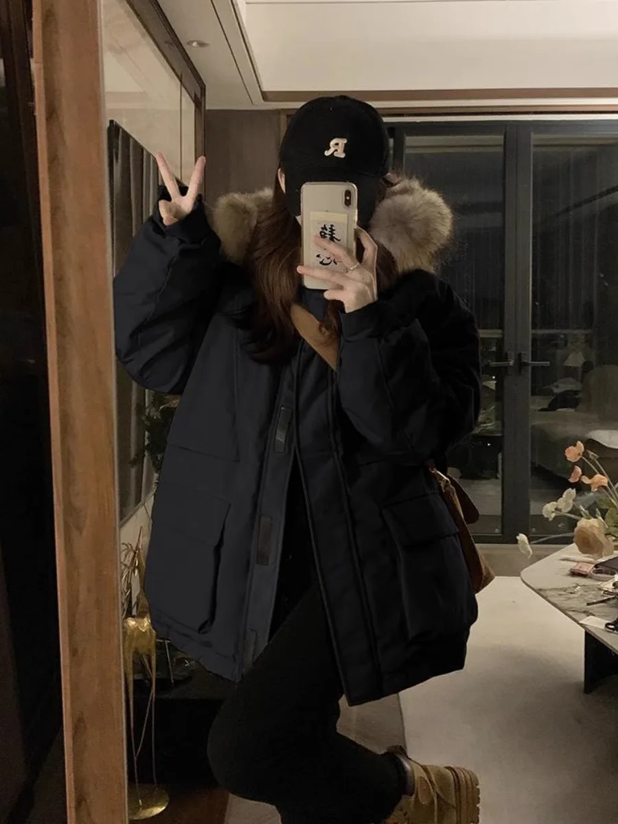 2023 New Winter Fur Hooded Long Sleeve Jacket Women Solid Color Cotton-padded Warm Loose Parkas Coat Fashion Outwear