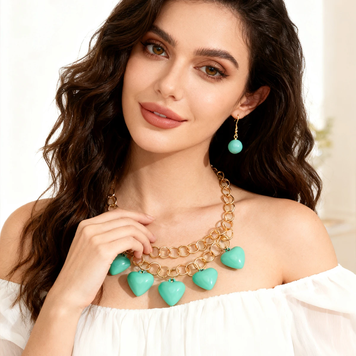 

2025 Hot Sell Valentine's Day Blue Orange Red Heart Pendant Necklace Earrings Set for Women Party Match with Dress Jewelry