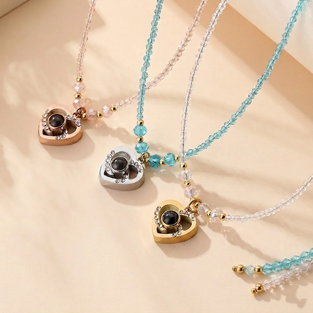 Custom Projection Photo Necklace Heart-Shaped Pendant Personalized Stainless Steel Chain with Crystal Beads