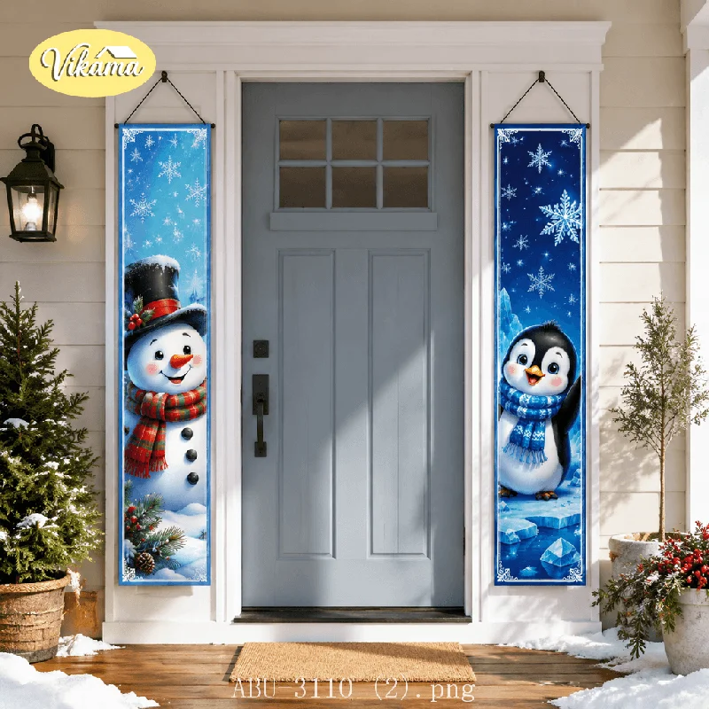 VIKAMA Vintage Christmas Door Couplet Tapestry Snowflake Crystal Ice Blue Front Door Porch Entryway Home Holiday Decor