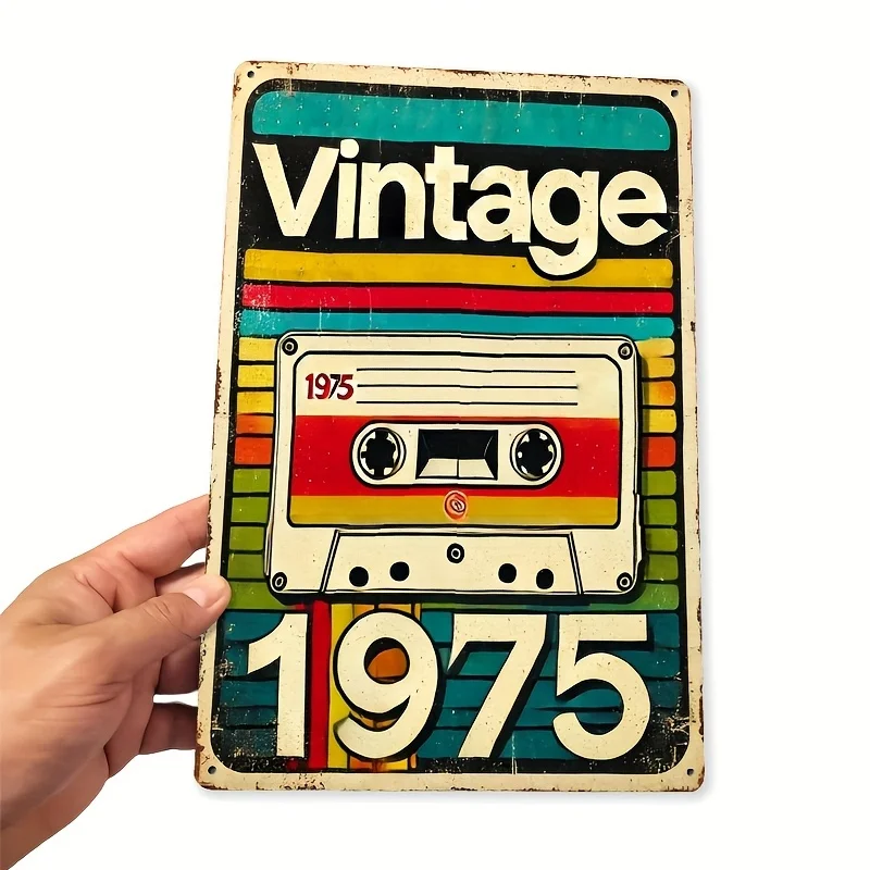 Vintage 1975 Cassette Tape Metal Wall Sign - Rustic Retro Decor with Vibrant Colors, Durable Art for Home, Bar, Cafe, Ga