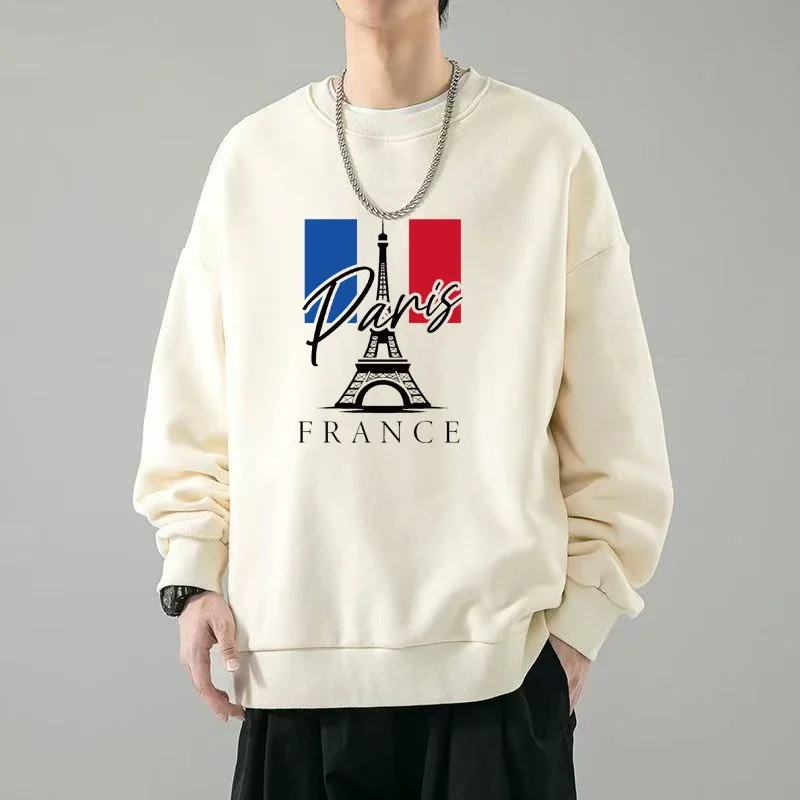 New Men's Trendy Sweatshirt Hoodies Autumn Paris Printed Long Sleeve T-shirt Men's Clothing Khaki O Neck Harajuku Oversized Top