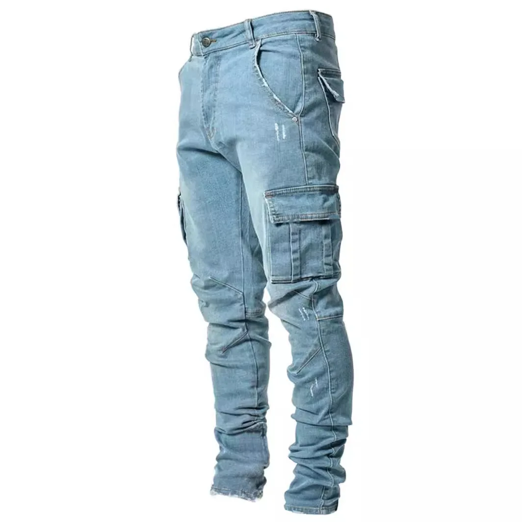 Stasiun Eropa rekreasi trendi pria elastis Multi saku legging Slim Fit denim pakaian kerja Populer