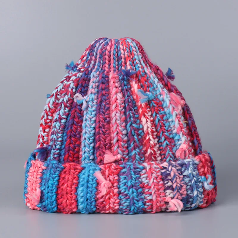 Japanese Style Sweet Knitted Beanie Cap Women Colorful Stripes Hand-knitted Fashionable Trendy Thick Yarn Wool Warm Beanie Cap