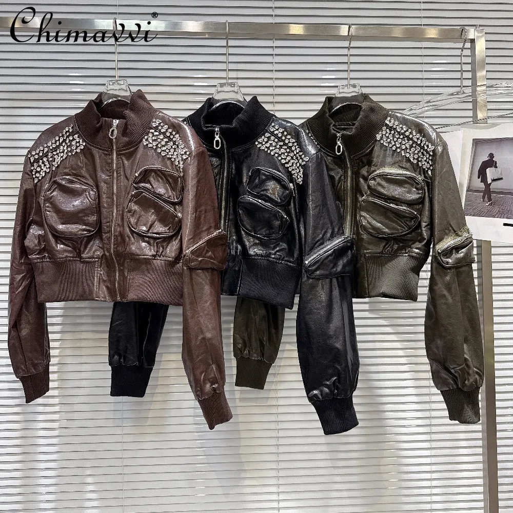 

Fashion highstreet Sweet Cool Girl PU Jacket Knitted Stand Collar Zipper Diamond Pocket Versatile Short Jackets Top Women Autumn