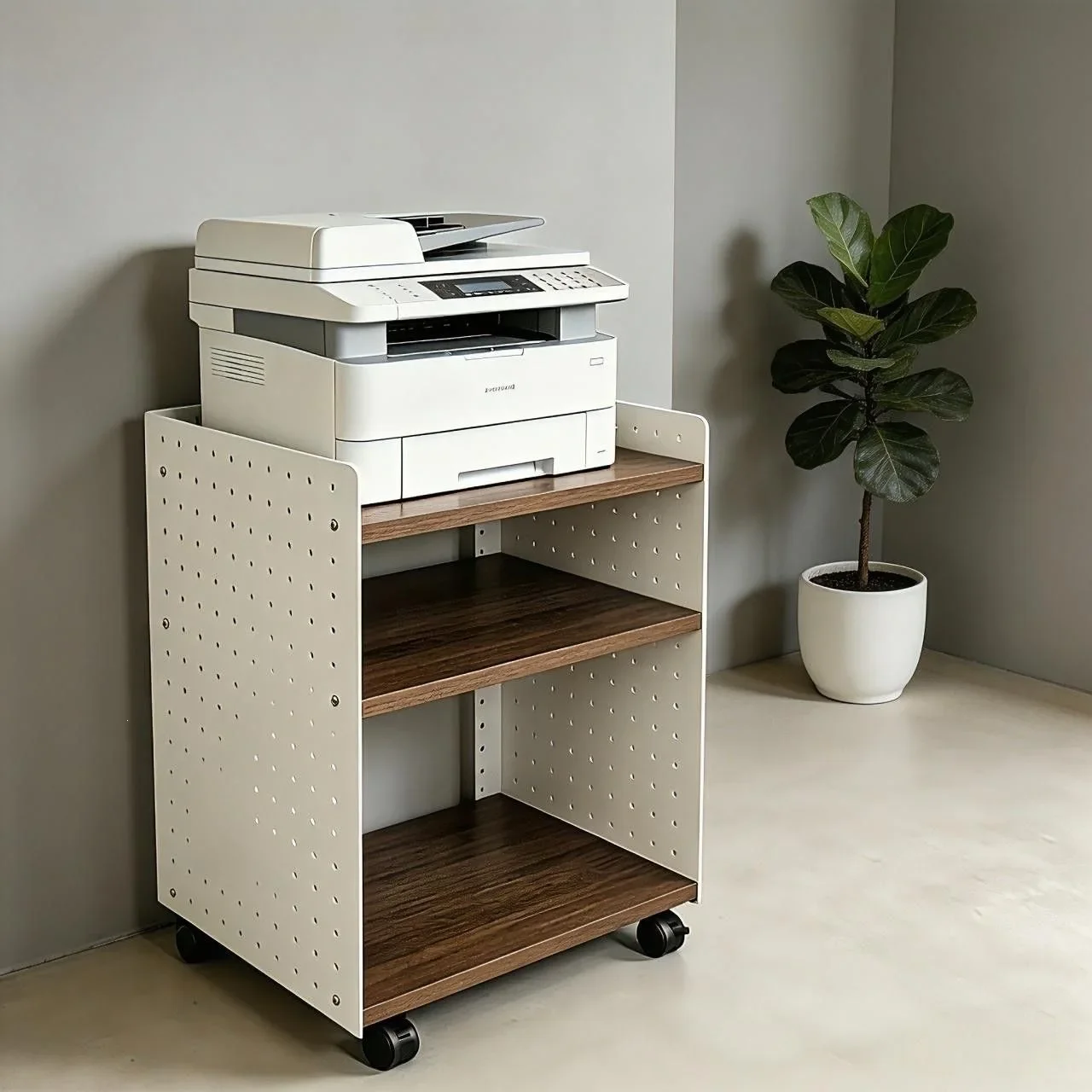 Wrought iron hole plate printer shelf, silent roller mobile three-layer shelf, office copier storage rack
