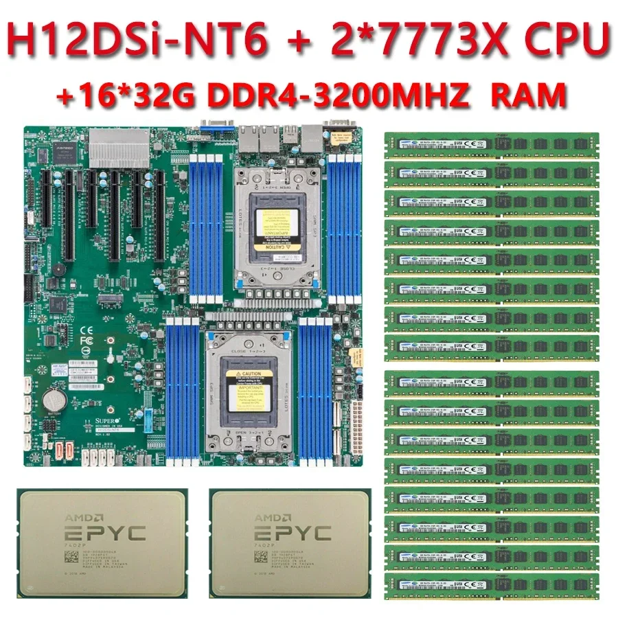 FOR Supermicro H12DSI-NT6  Motherboard + 2*AMD EPYC 7773X 2.2GHz 64C/128T 768MB CPU Processor + 16*32GB DDR4 3200mhz RAM  Memory