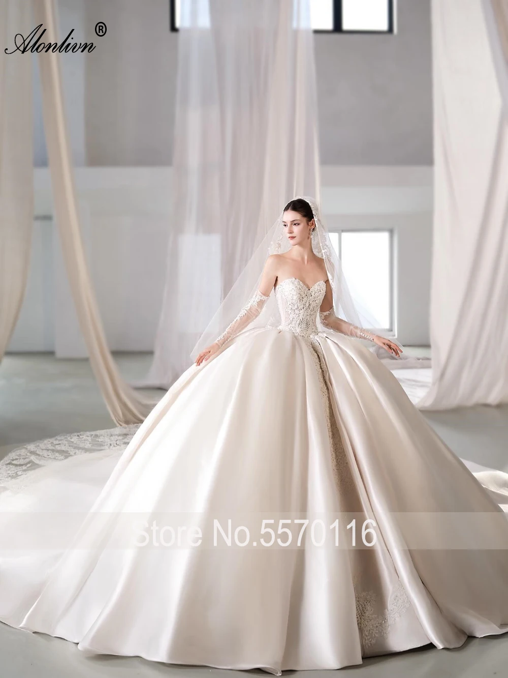 Alonlivn Custom Made Luxury Satin Ball Gown Wedding Dresses Beaded Embroidery Sleeveless Sweetheart Princess Bridal Gowns
