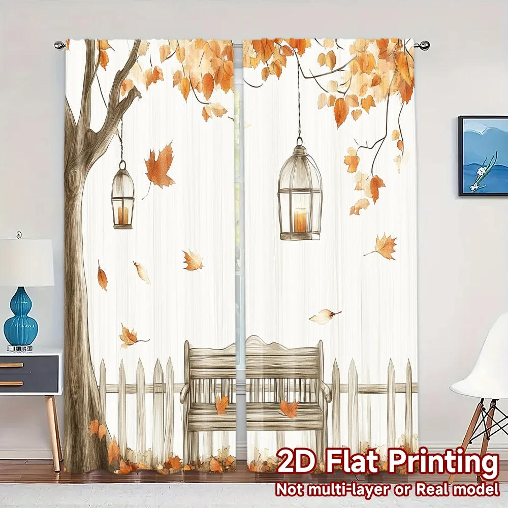 2pcs,Curtains Autumn Leaves Bench Lanterns (4) Chic Curtain Cloth Versatile Polyester Fabric Curtains Gifts Ldeal for Bedroom,