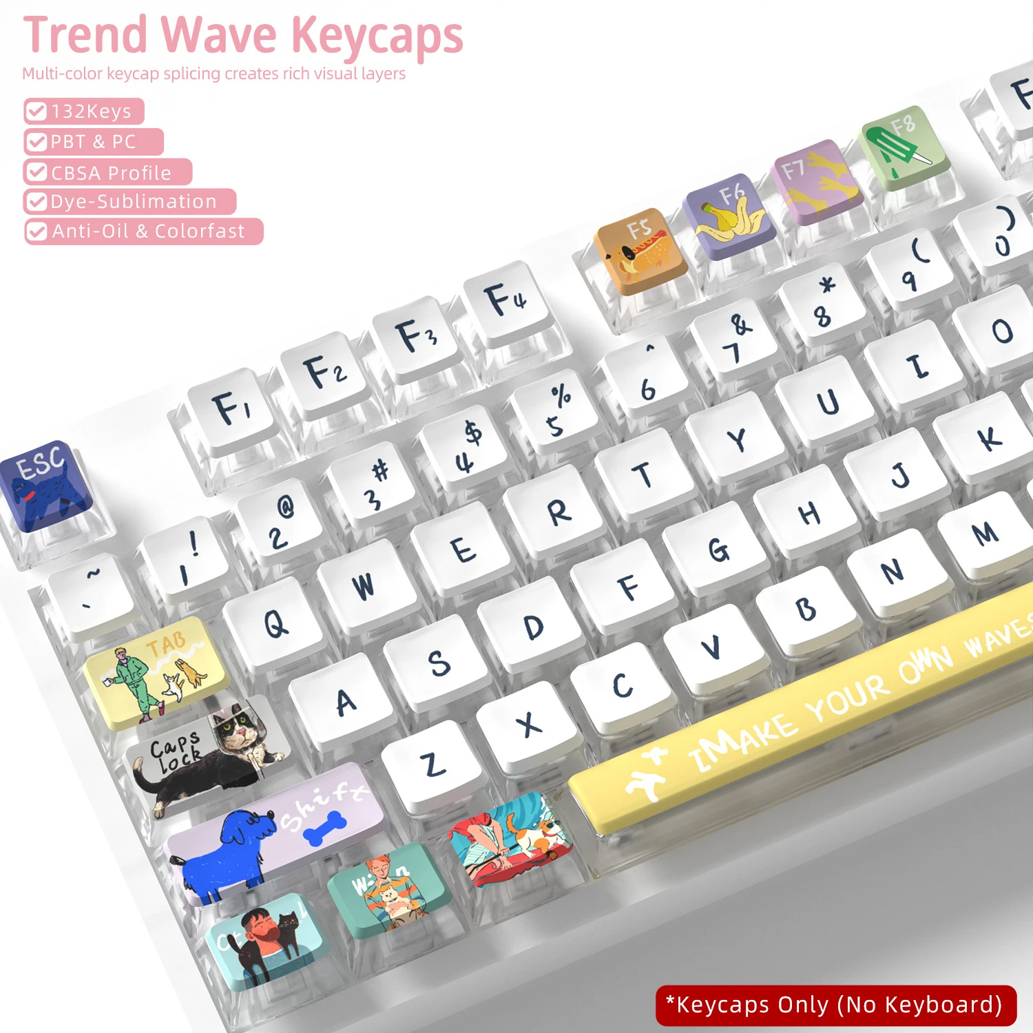 Trend Wave Four-Sided Backlight Keycaps 132 Keys PBT+PC Material CBSA Profile For MX Switch Mechanical Keyboard ISO ANSI Layout