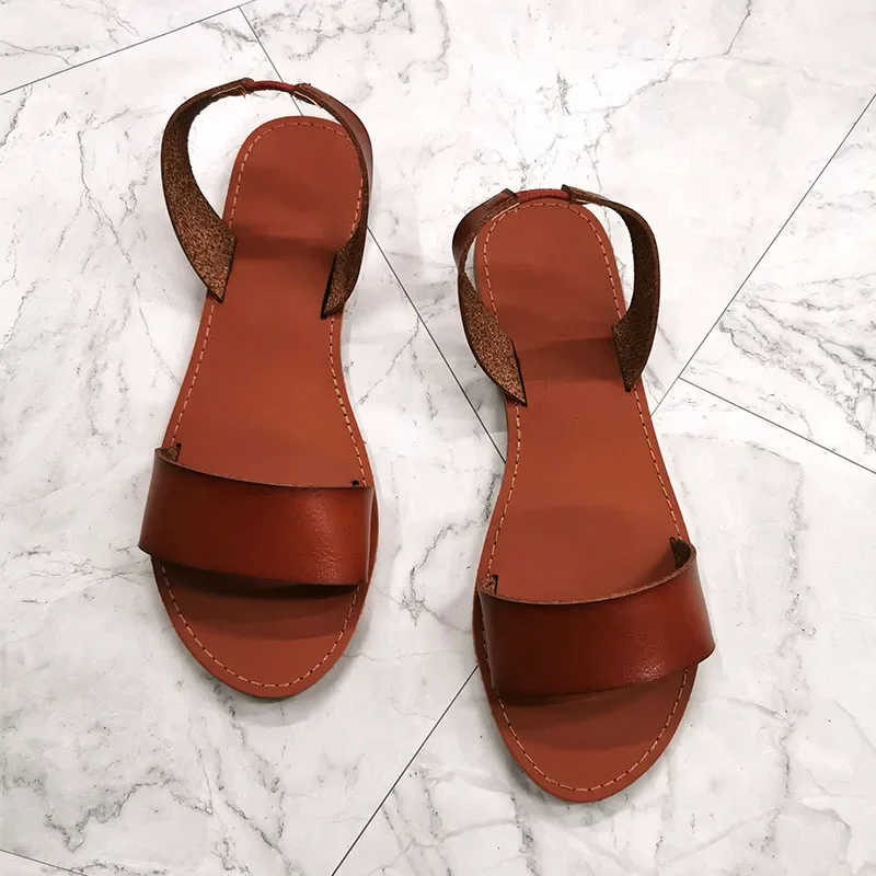 Solid PU Leather Women Sandals for 2024 Summer Flat Shoes Back Elastic Band Rome Casual Lady Fashion Brand Sandal Woman