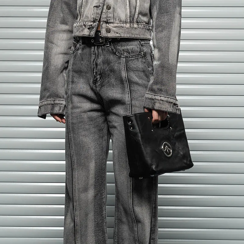 GROTTO Black Stone CARRY Small Italian Vegetable-Tanned Lambskin Handbag Crossbody Bag Portable and Simple