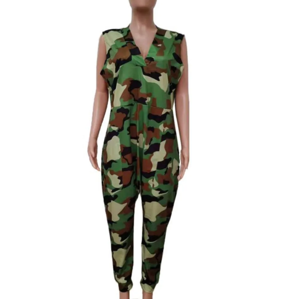 Trend Women Casual Pocket Jumpsuits Summer Sexy Camouflage Letter Bandage Sleeveless Romper Jumpsuits Female One-piece Outfits