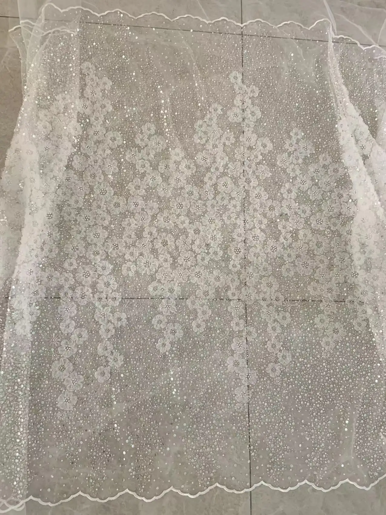 

1 Yard Off White Seed Bead Pearl Tulle Lace Fabric with 3D Fairytale Sequins Flowers for Wedding Dress,Party Costume,Ball Gown