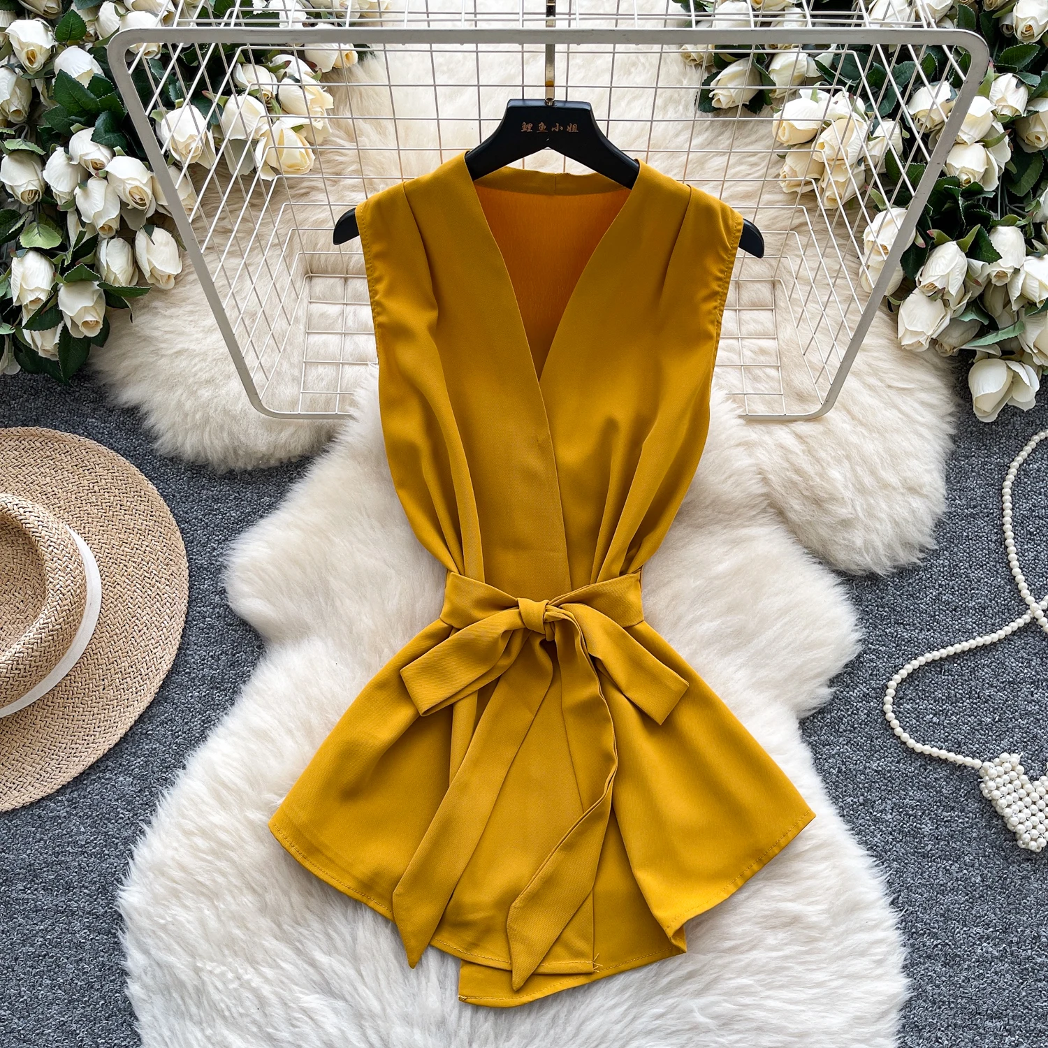 

Hotsweet Vintage casual sleeveless loose Slim Top French Streetwear Fashion Sexy basics blouse office lady
