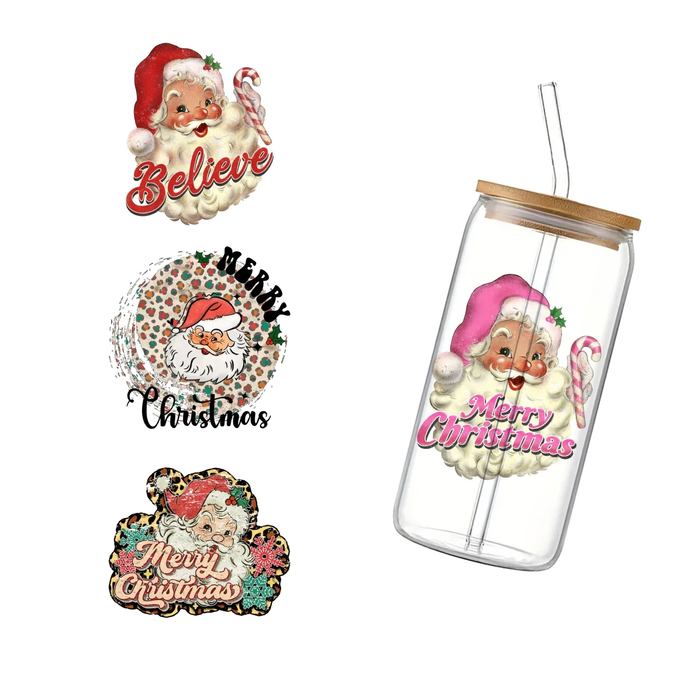 Christmas Santa Claus For Libbey 16oz Can Glass 3D Waterproof UV DTF Coffee Can Wrap Libbey Glass Wrap  11X11cm