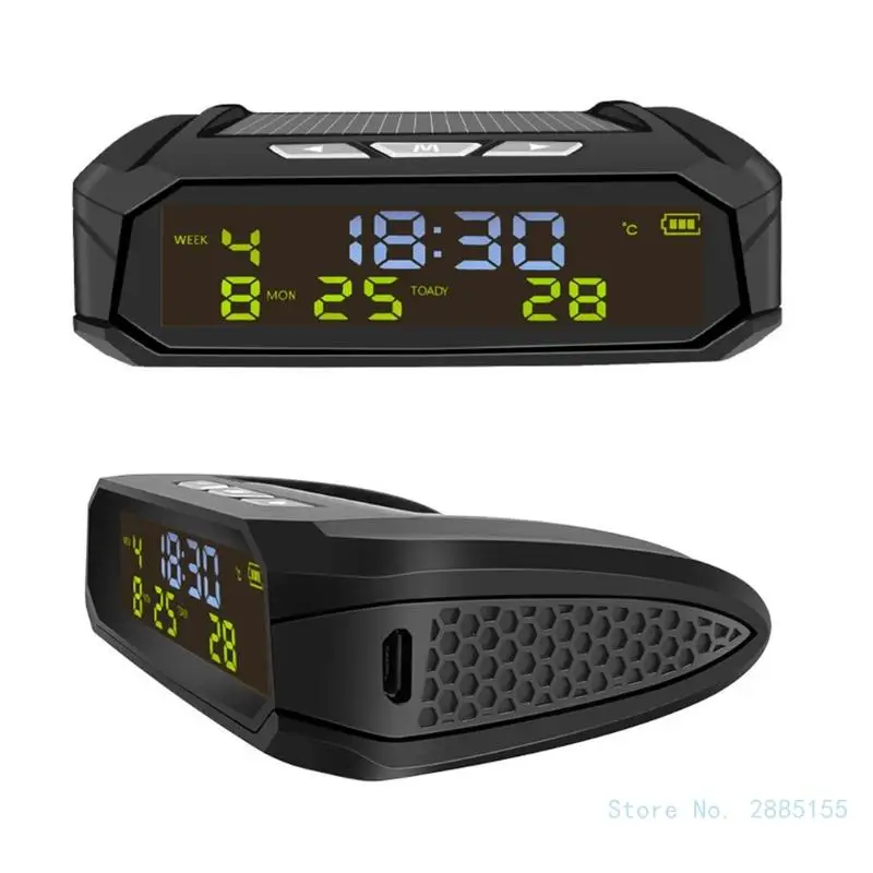 Car Clock Solar Powered LCD Digital Clock with Week Calendar Time Temperature Display Automotive Interior Accessories