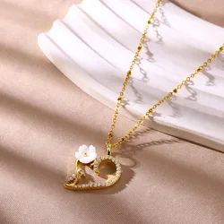 Dainty Flower Heart Necklace Necklac Stainless Steel Pendant Necklaces for Women Choker Charm Wedding Jewelry Party Accessories